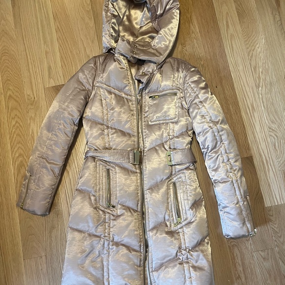 bebe Jackets & Blazers - bebe Metallic Champagne Long Puffer Coat with Hood